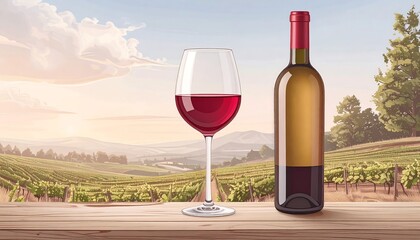 Vineyard sunset, wine glass, bottle