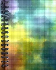 Spiral-bound notebook cover with a colorful, textured design