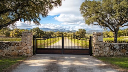 Fototapeta premium Functional steel sliding gate with smooth mechanics, dark tones, and high durability