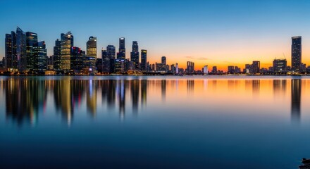 Fototapeta premium Cityscape Skyline Reflection at Sunset Over Calm Water.