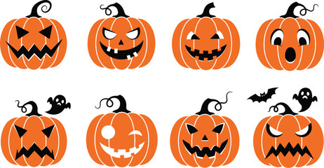 Collection of cheerful and spooky Halloween pumpkins with playful faces and flying bats