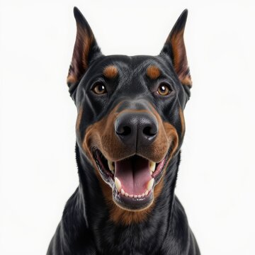 Friendly Doberman poses for a close-up against a plain background in a bright and cheerful atmosphere