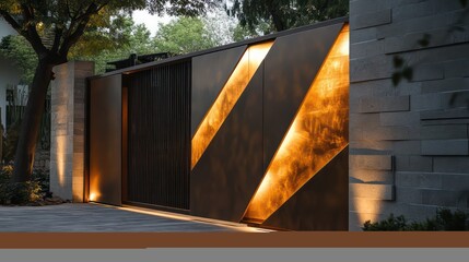 Functional yet artistic entrance gate with sleek steel panels and an innovative sliding mechanism
