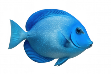 Blue tang fish gliding underwater, displaying vivid electric blue hues against clear marine environment, revealing natural swimming motion
