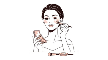 Elegant woman applying foundation with a brush holding a makeup bottle in a classic illustration style with a vintage feel