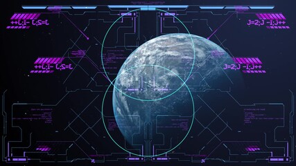 A purple and blue futuristic HUD interface with circular elements scans planet Earth from space, high-tech concept for sci-fi or surveillance - Powered by Adobe