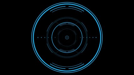 Blue concentric circles and lines appear and disappear, forming a futuristic HUD or interface element on black background, tech concept for scanning - Powered by Adobe