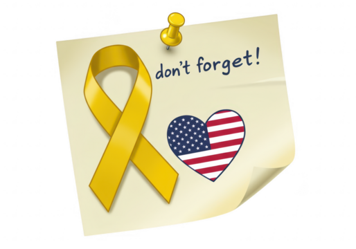 A yellow ribbon with a heart and flag on a reminder note isolated on transparent background