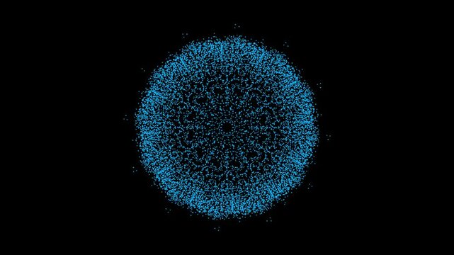 A sphere of blue particles forms intricate, kaleidoscopic mandala patterns on black background, abstract motion graphic for meditation or events