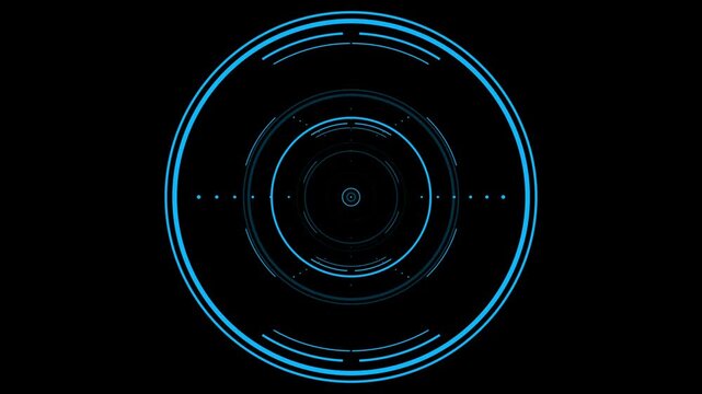 Blue concentric circles and lines appear and disappear, forming a futuristic HUD or interface element on black background, tech concept for scanning - Powered by Adobe