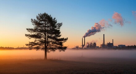 Lone Tree Silhouetted Against an Industrial Sunrise A Contrast of Nature and Industry, with soft light and pollution