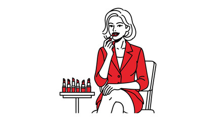 Stylish woman with blonde hair applying red lipstick while sitting in a chair with a collection of lipsticks on a table nearby