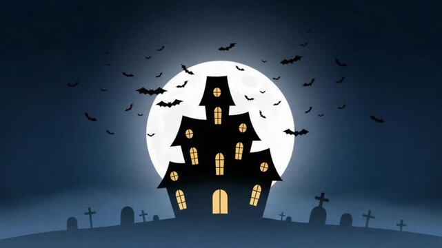 halloween haunted house under full moon with flying bats