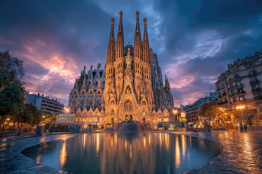 Grand cathedral at dawn, reflecting pool