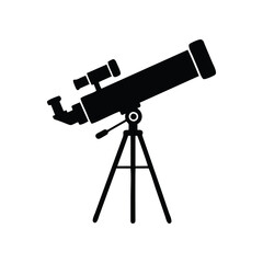 A black silhouette icon of an astronomical telescope on a tripod stand, isolated against a plain white background.