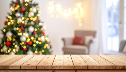 Empty woooden table top with abstract warm living room decor with christmas tree string light blur background with snow,Holiday backdrop,Mock up banner for display of advertise product