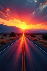 Majestic Sunset Highway Endless Road Journey Towards Vibrant Mountains