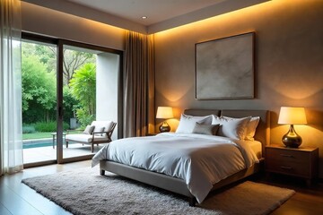 Serene master bedroom with soft ambient lighting creating a calming atmosphere Perfect for relaxation and sleep , sleep, house