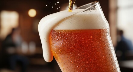 Close-up of a refreshing glass of beer with overflowing foam, perfect for a hot day.