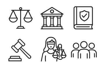 Legal system icons: scales, courthouse, law book, gavel, justice, community