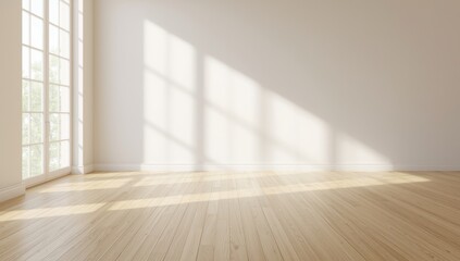 White empty room with wooden floor and window with sunlight, room studio interior design background.