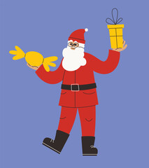 Santa Claus holding presents. Christmas character in linear flat style.