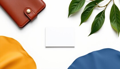 A well arranged collection of items set against a white background with a blurred plant in the top left corner