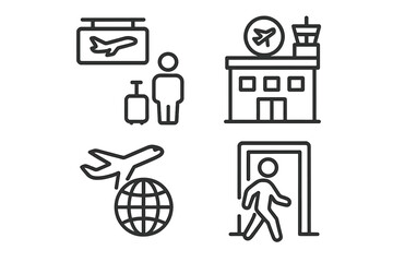 Airport travel icons: airplane, terminal, passport control, global journey