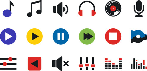 Collection of colorful music and audio playback icons for digital media and sound controls.