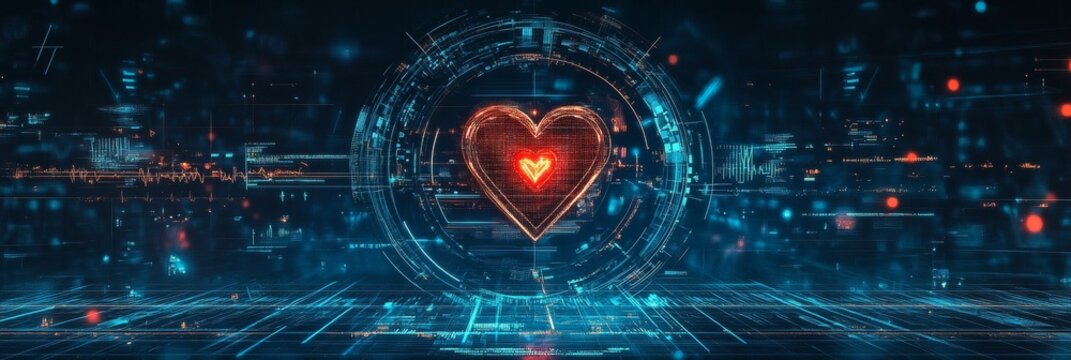 Advanced Heart Rate Monitoring Technology with a Virtual Red Heart Icon on a High-tech Background