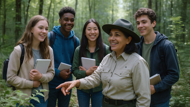 High school diverse students learning about ecology, smiling talking in lush green forest. Wearing casual outdoor clothing and carrying notebooks. Park ranger is pointing out different plant species. - Powered by Adobe