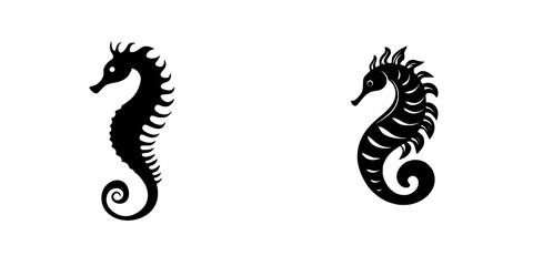Minimalist black-and-white vector silhouettes of two seahorses with unique designs showcasing elegance and simplicity