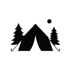 Fototapeta premium A minimalist black and white illustration of a tent pitched between two pine trees under a full moon.