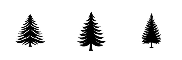 Minimalist black-and-white vector illustration of three pine trees in different silhouettes