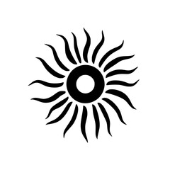 Stylized black-and-white sun icon featuring minimalist design with flowing rays radiating from a central circle