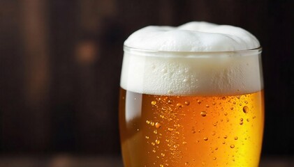 Close-up shot of frothy beer head in a glass, highlighting the texture and bubbles against a dark wooden background Perfect for beer-related marketing materials or websites , brown, beer festival