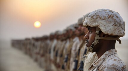 Soldiers in camouflage uniforms stand in formation against a stunning sunset background highlighting their silhouette and dedication