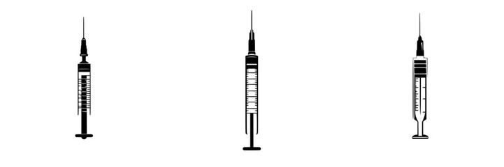 Minimalist vector illustration of three black-and-white syringe silhouettes in a simple design