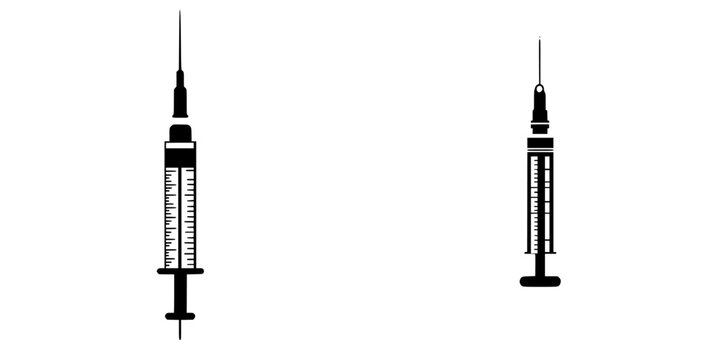 Minimalist black-and-white vector illustration of medical syringes in a simple silhouette style
