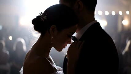 An intimate portrait of a bride and groom embracing during their first dance at a wedding reception. - Powered by Adobe