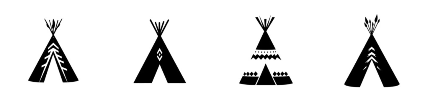 Minimalist black-and-white vector illustration of various tipi silhouettes showcasing different designs and patterns
