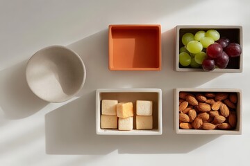Assorted bowls with grapes, cheese, and almonds in afternoon light