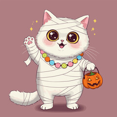 Cartoon white cat dressed as a mummy, waving and holding a pumpkin candy bucket, wearing a colorful candy necklace.