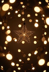 Gold star light hanging on dark background