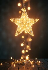 Gold star light hanging on dark background