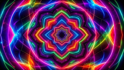 Psychedelic kaleidoscope design with vibrant neon colors