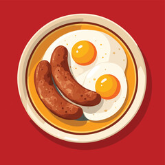 Vector illustration of Italian Sausage on a plate with fried eggs for kitchen wall poster