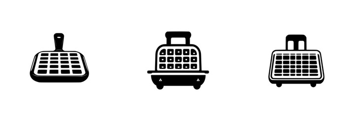 Vector illustration of black-and-white minimalist kitchen appliance icons showcasing waffle makers and cooking tools