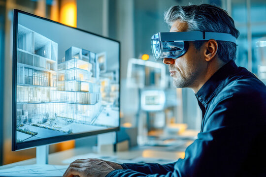 Man in virtual reality headset looks at modern architectural design on computer monitor. He uses advanced digital technology for urban planning and construction. - Powered by Adobe