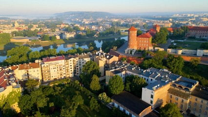 Obraz premium Drone view of European city tourism old town Krakow Poland